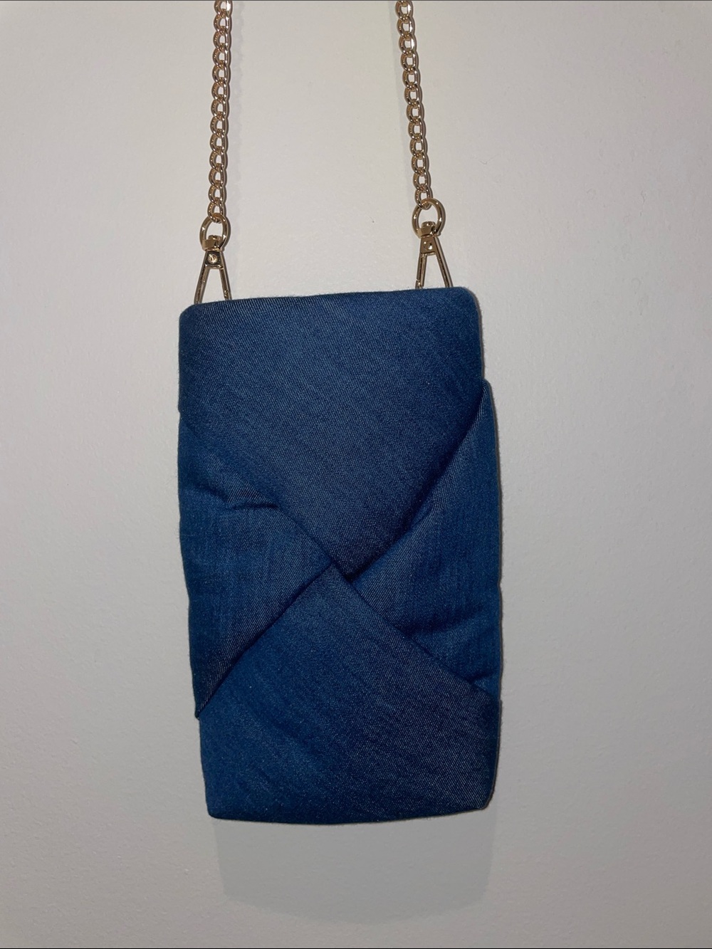Denim Crossbody Bag Gold Chain Strap Blue Quilted Purse